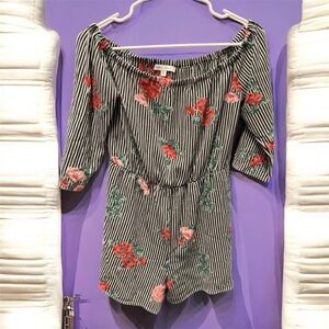 PURPLE SNOW Floral Striped Off-Shoulder Romper LARGE pit to pit 16in length 27in